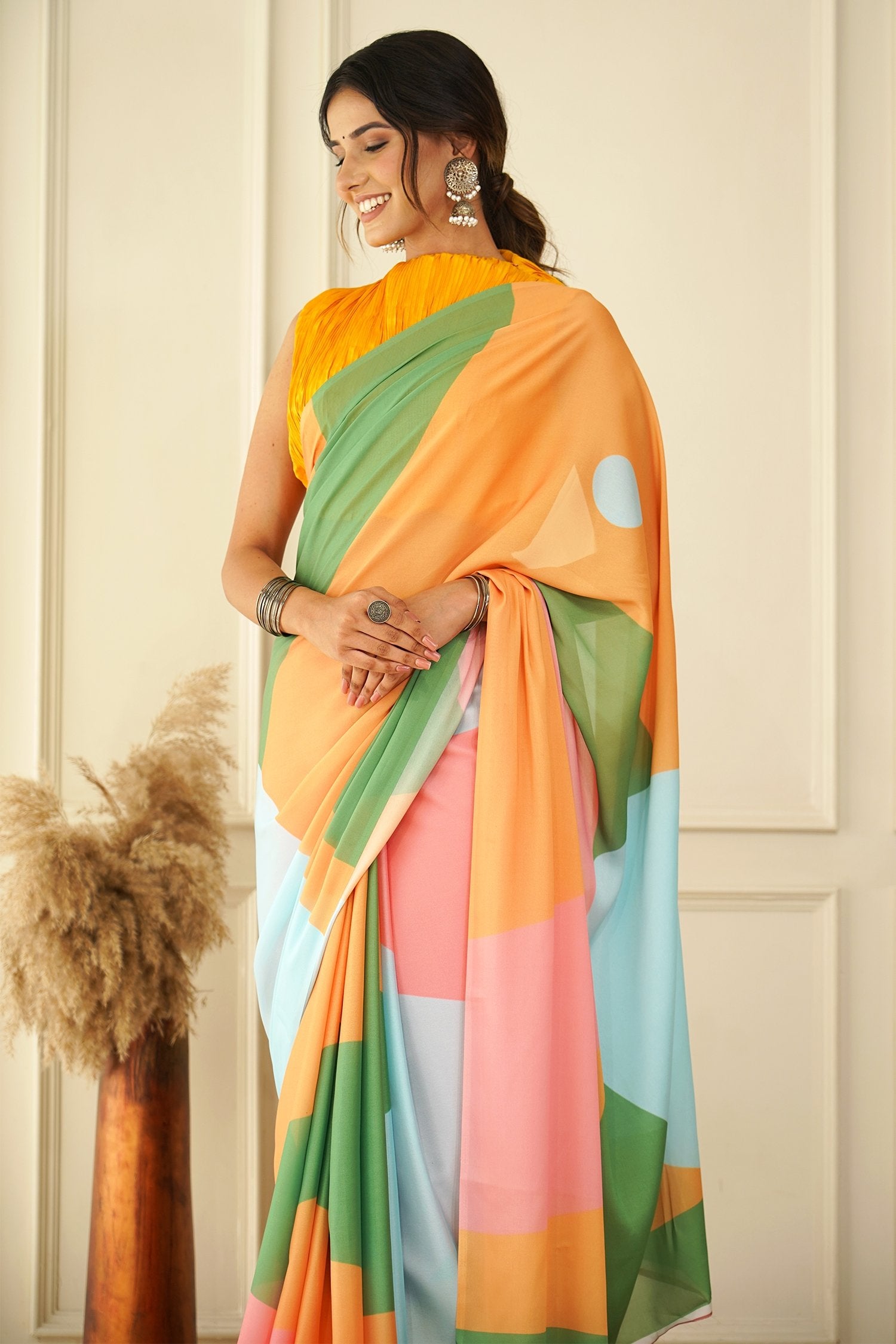 Buy MySilkLove Macaroni Orange Multicolor Crepe Silk Georgette Saree Online