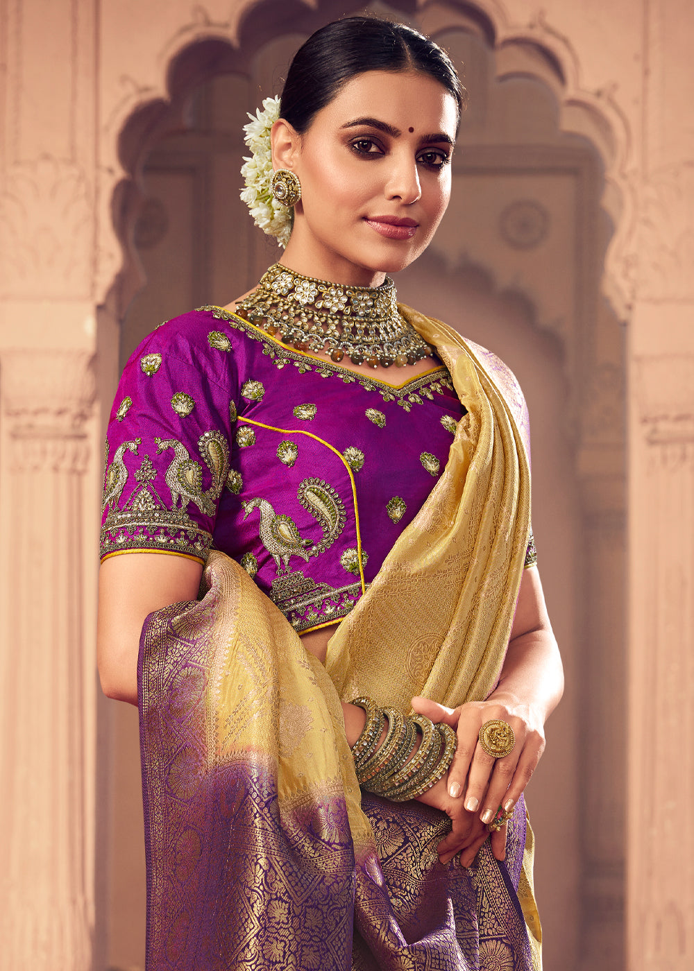 Buy MySilkLove Sunset Yellow and Purple Zari Woven Designer Banarasi Saree Online