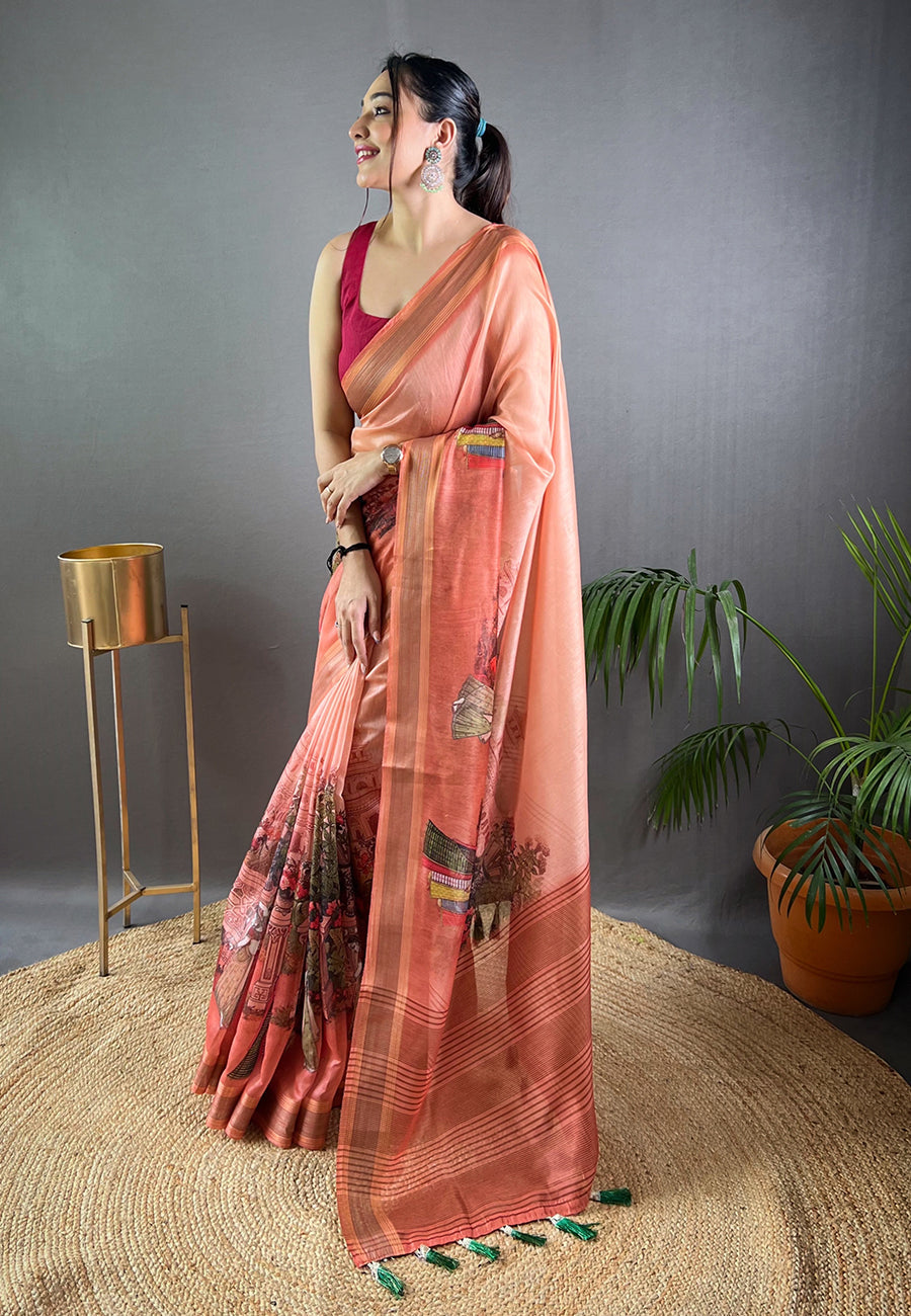 Buy MySilkLove Terracotta Peach Cotton Kalamkari Printed Saree Online