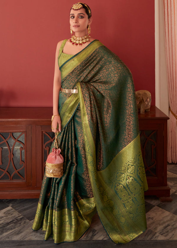 Finch Green Bronze Zari Woven Kanjivaram Silk Saree