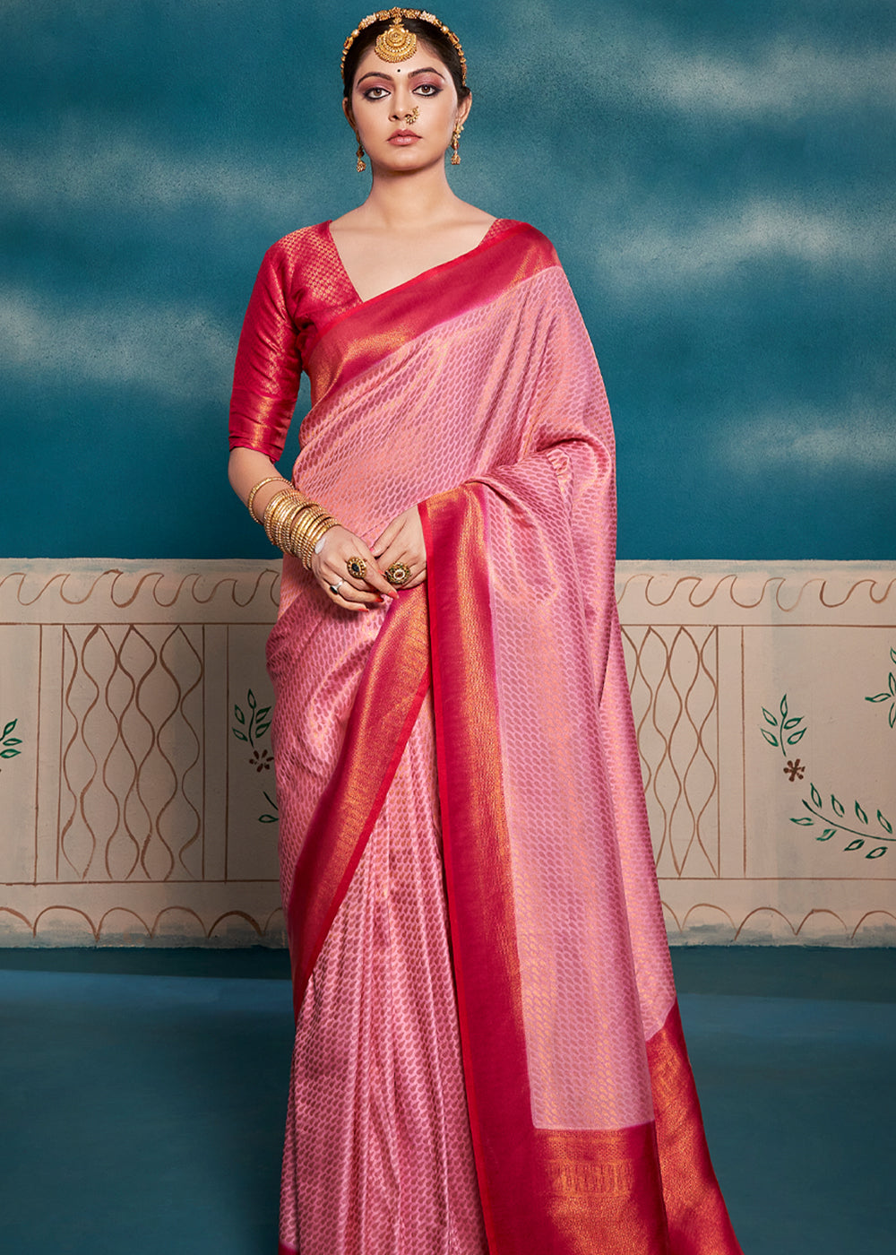 Buy MySilkLove Sherbert Pink Woven Kanjivaram Silk Saree Online