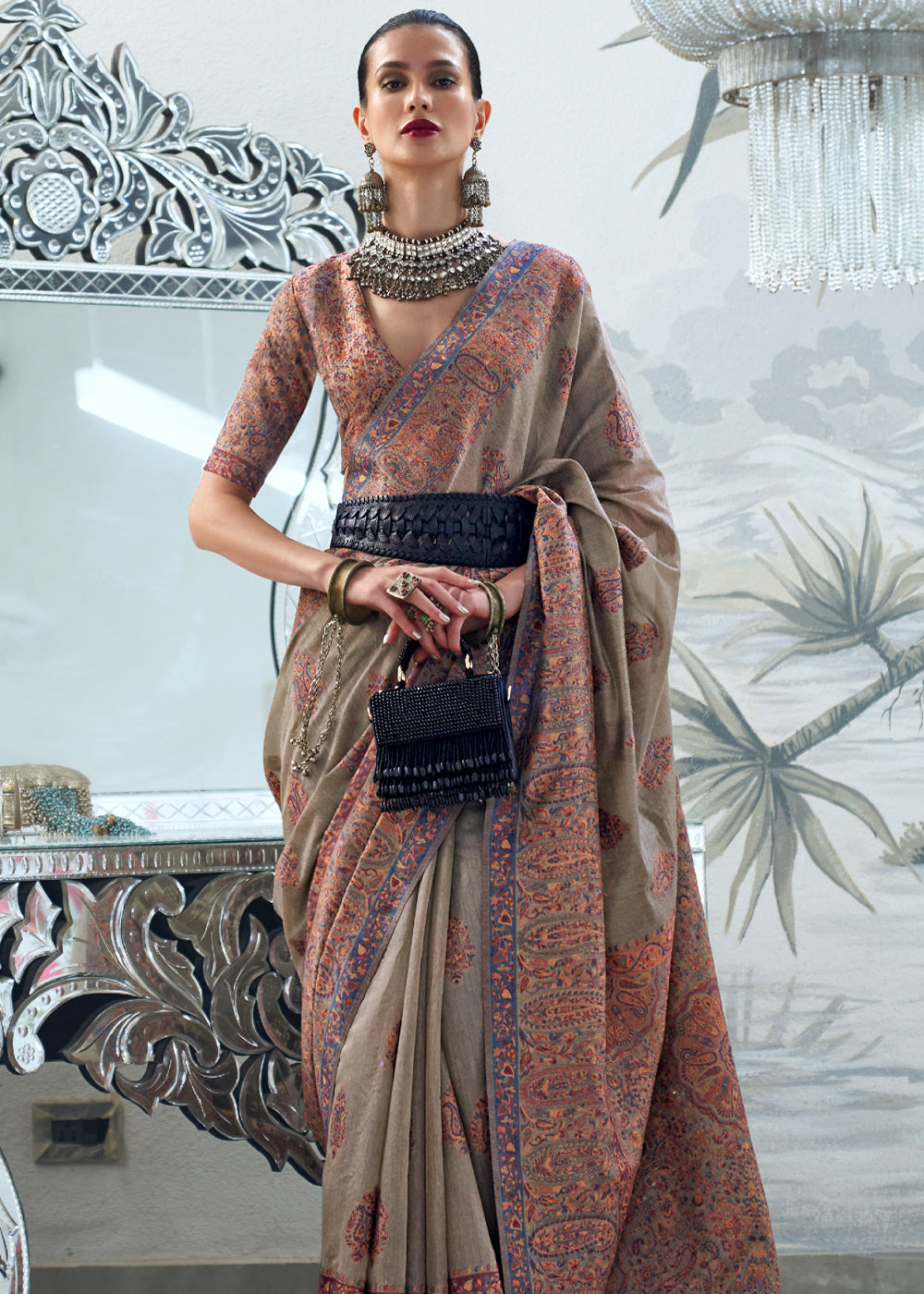 Buy MySilkLove Ebony Clay Grey Handloom Pure Kashmiri Jamawar Saree Online