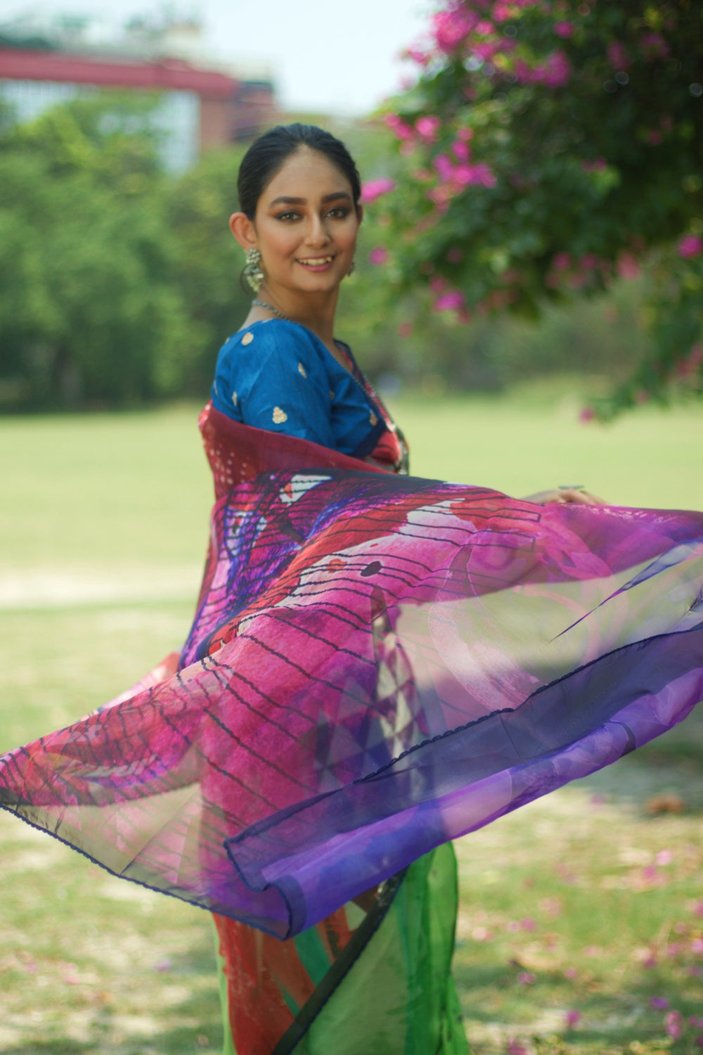 Buy MySilkLove Forest Green and Purple Floral Design Organza Printed Saree Online