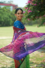 Forest Green and Purple Floral Design Organza Printed Saree