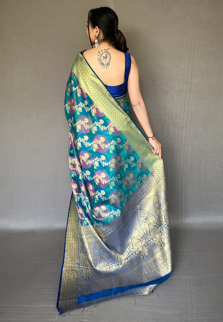 Buy MySilkLove Paradiso Blue Organza Multicolor Contrast Zari Woven Saree Online