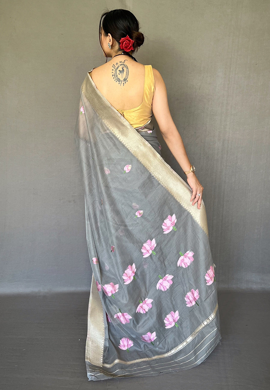 Buy MySilkLove Dawn Grey Cotton Lotus Woven Silk Saree Online