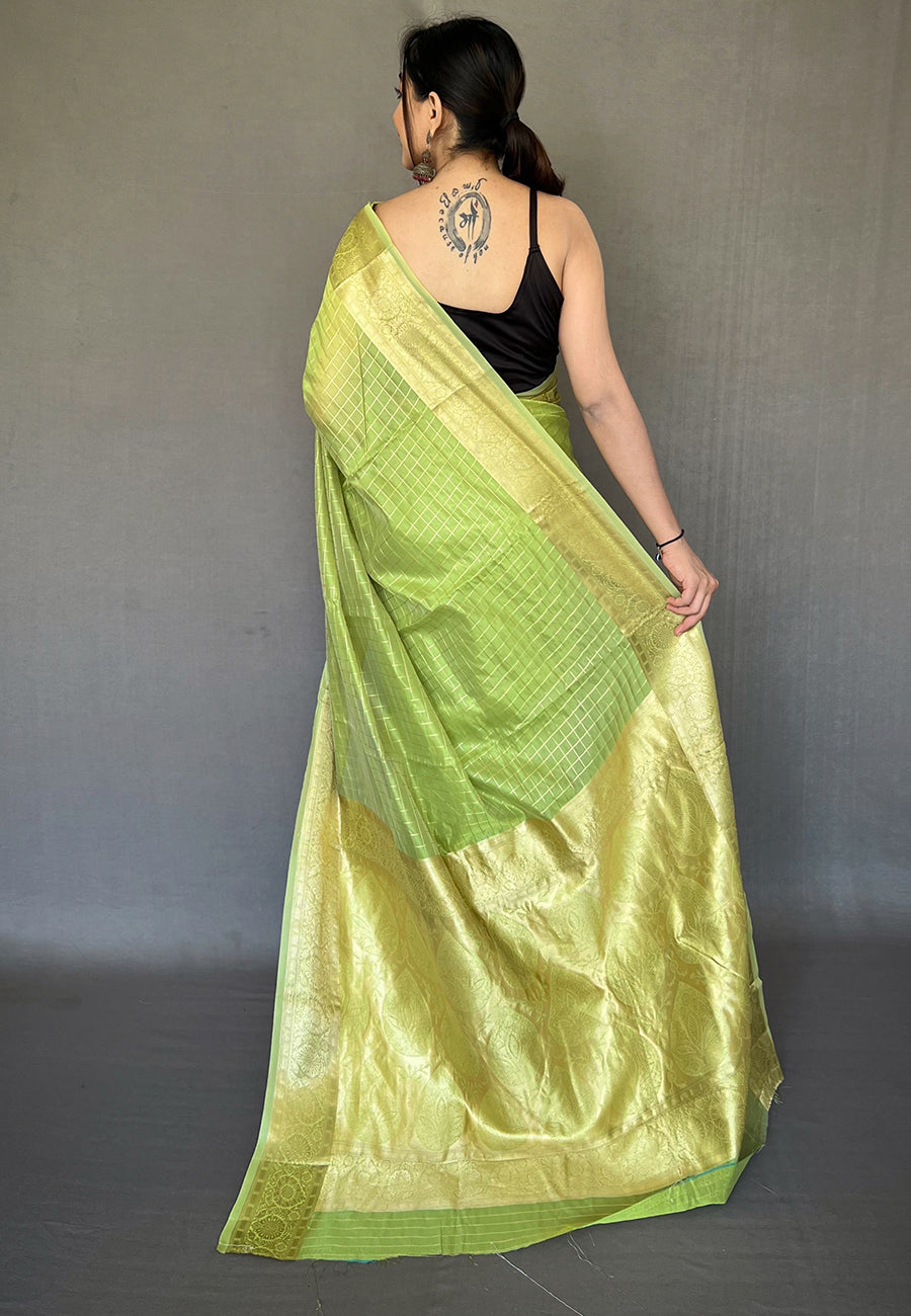 Buy MySilkLove Leaf Green Zari Woven Organza Checks Saree Online