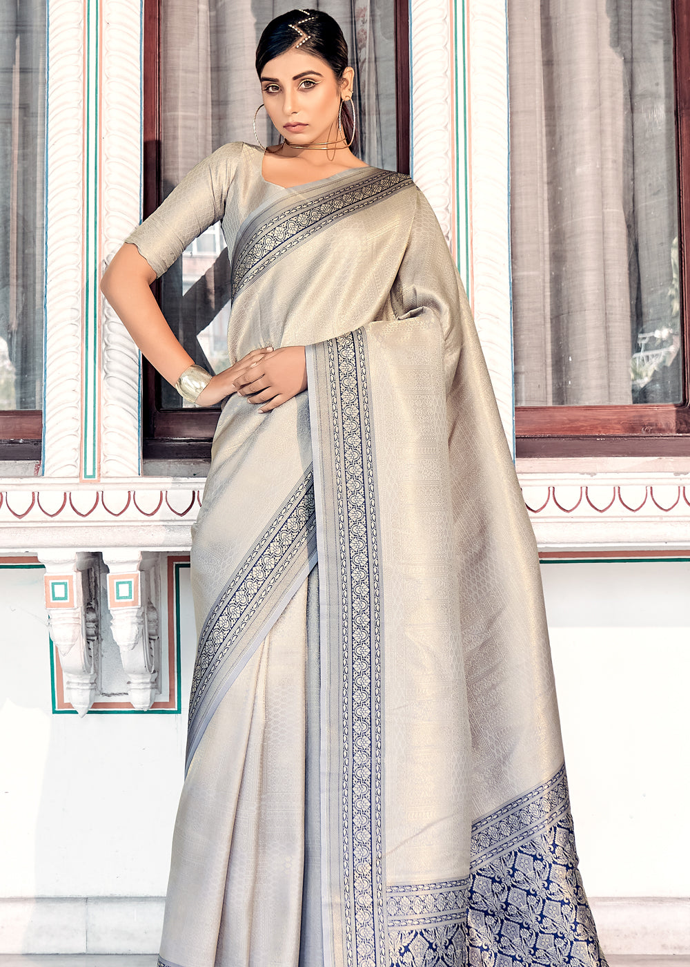 Buy MySilkLove Dawn Grey Woven Kanjivaram Silk Saree Online