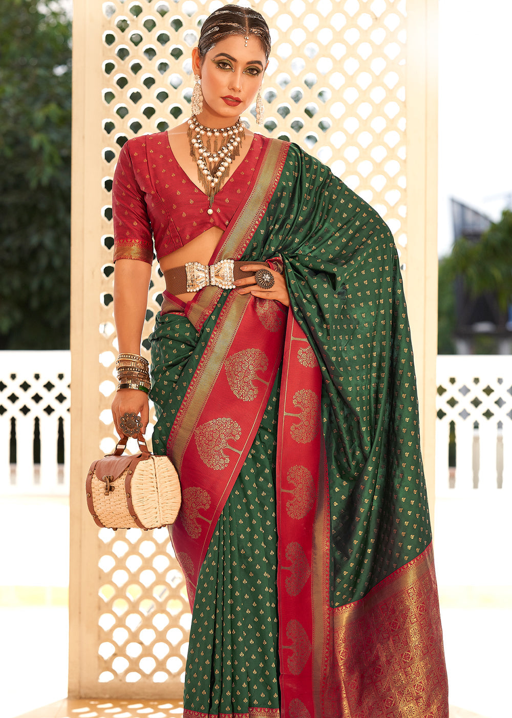 Buy MySilkLove Tom Thumb Green and Red Woven Banarasi Soft Silk Saree Online