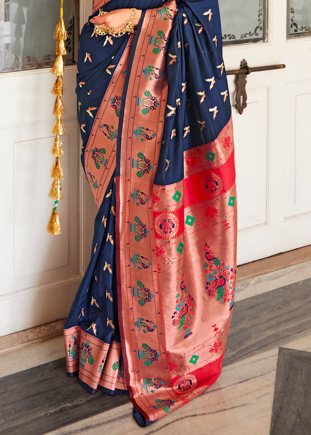 Buy MySilkLove Oxford Blue and Red Zari Woven Paithani Silk Saree Online