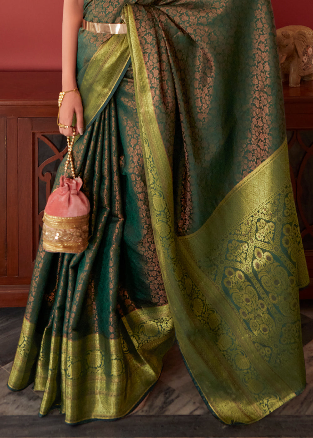 Buy MySilkLove Finch Green Bronze Zari Woven Kanjivaram Silk Saree Online