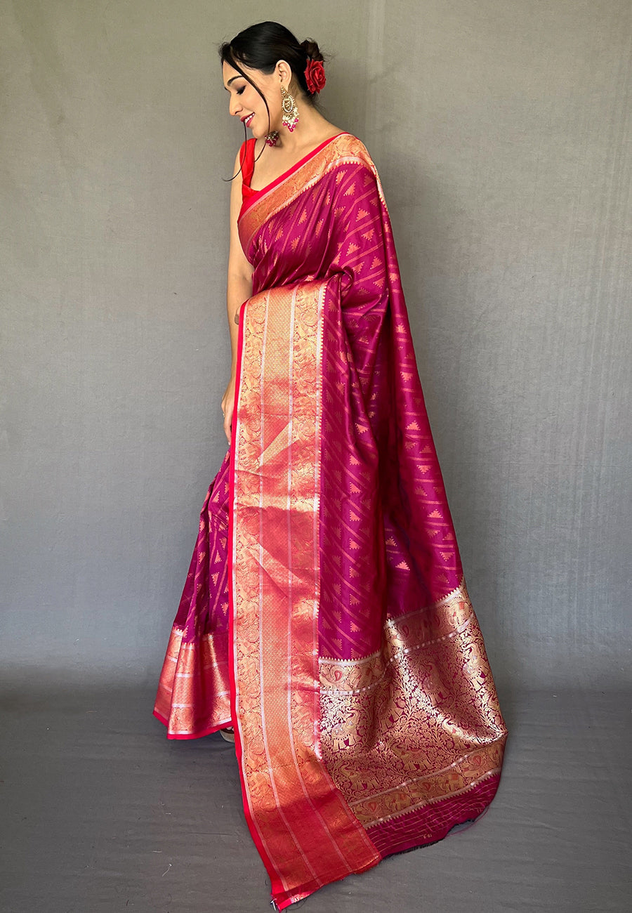 Buy MySilkLove Dark Maroon Banarasi Silk Leheriya Copper Zari Woven Saree Online