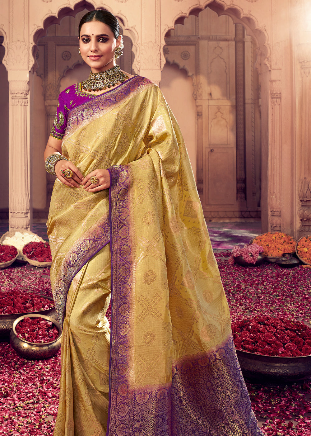 Buy MySilkLove Sunset Yellow and Purple Zari Woven Designer Banarasi Saree Online