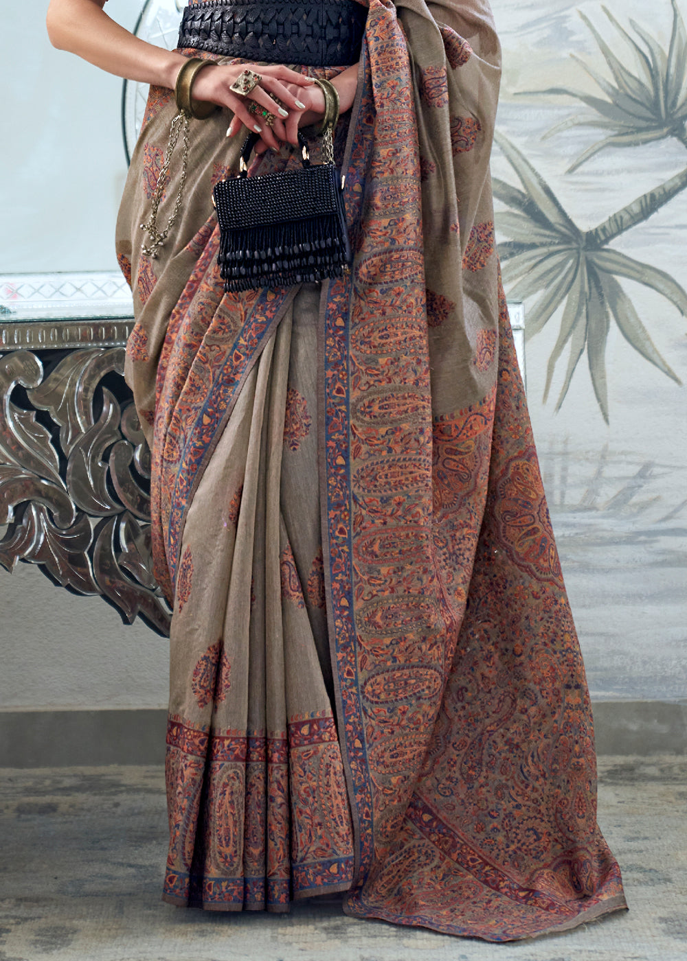 Buy MySilkLove Ebony Clay Grey Handloom Pure Kashmiri Jamawar Saree Online