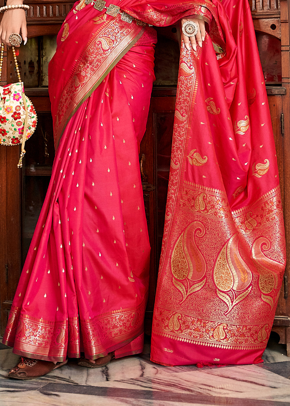 Buy MySilkLove Fiery Rose Pink Woven Banarasi Soft Silk Saree Online