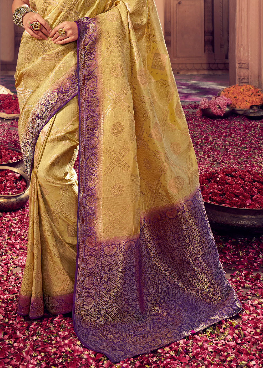 Buy MySilkLove Sunset Yellow and Purple Zari Woven Designer Banarasi Saree Online