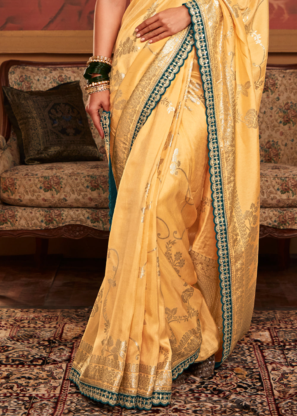 Buy MySilkLove Saffron Yellow Woven Banarasi Designer Silk Saree With Embroidered Blouse Online