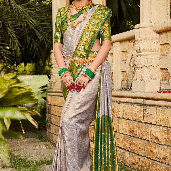 Grey Kirpan Womens Silk Blend Light Green Woven Designer Saree