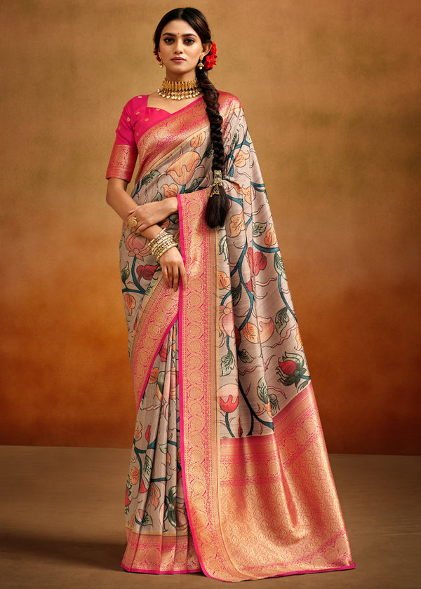 Roman Grey and Pink Woven Banarasi Kalamkari Silk Saree