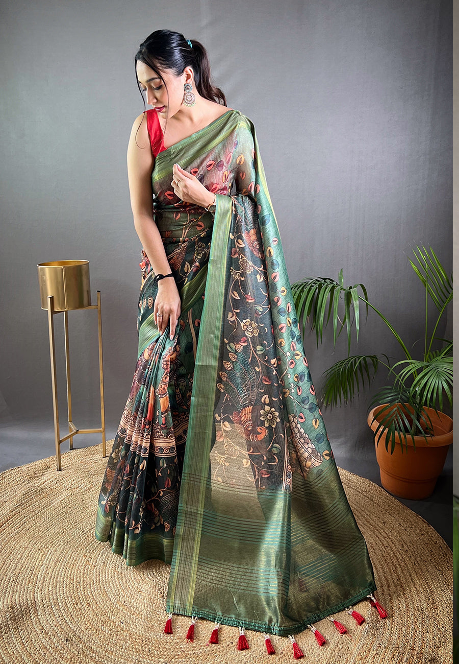 Buy MySilkLove Finch Green Cotton Kalamkari Printed Saree Online
