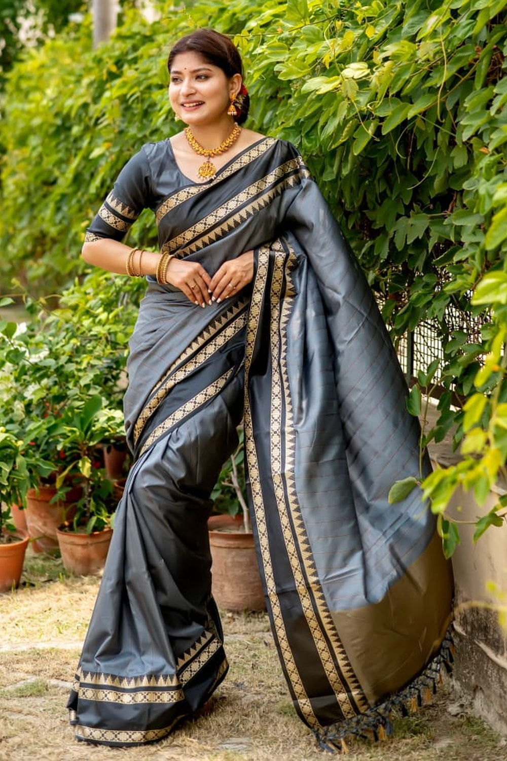 Buy MySilkLove Pale Sky Grey and Black Woven Tussar Silk Saree Online