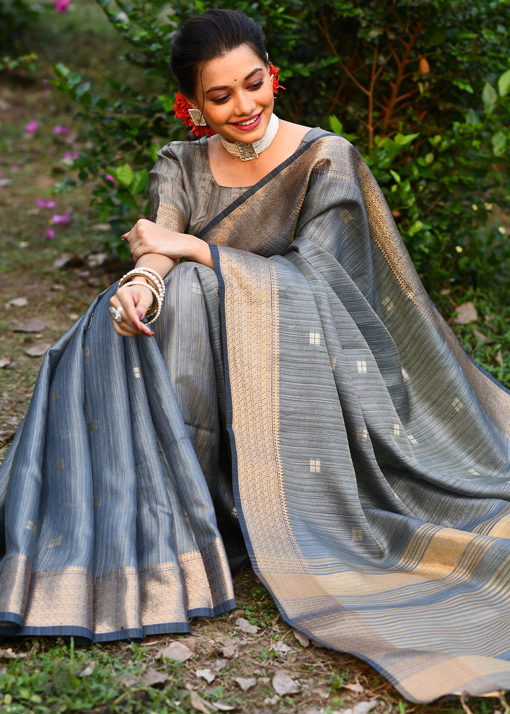 Buy MySilkLove Slate Grey Maheshwari Woven Silk Saree Online