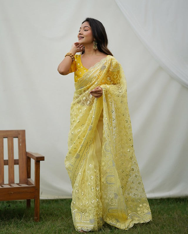 Buy MySilkLove Tacha Yellow Designer Organza saree with Sequence Work Online