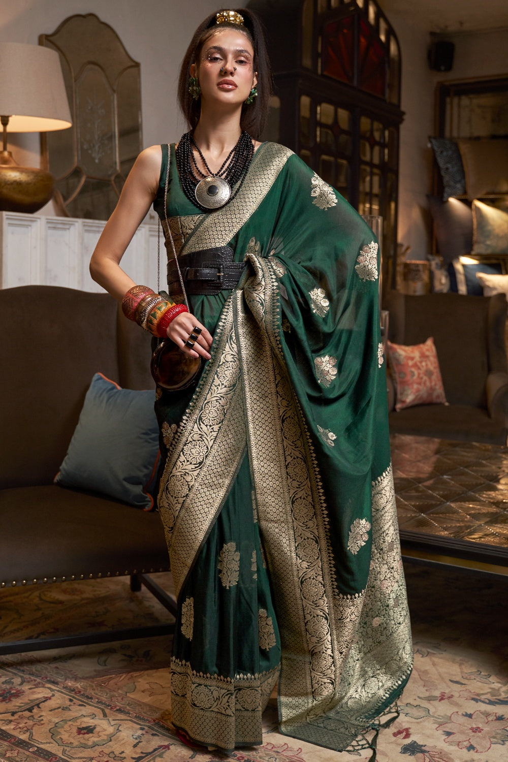 Buy MySilkLove Mineral Green Woven Georgette Silk Saree Online