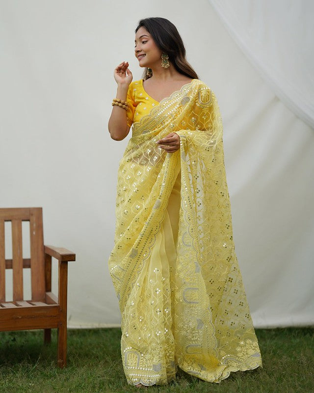 Buy MySilkLove Tacha Yellow Designer Organza saree with Sequence Work Online