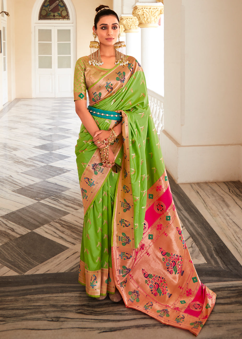 Buy MySilkLove Parrot Green and Pink Zari Woven Paithani Silk Saree Online
