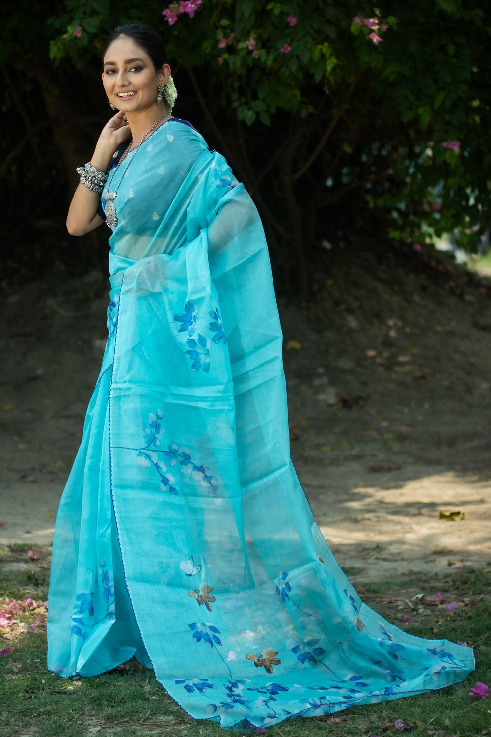 Buy MySilkLove Moonstone Blue Floral Design Organza Printed Saree Online