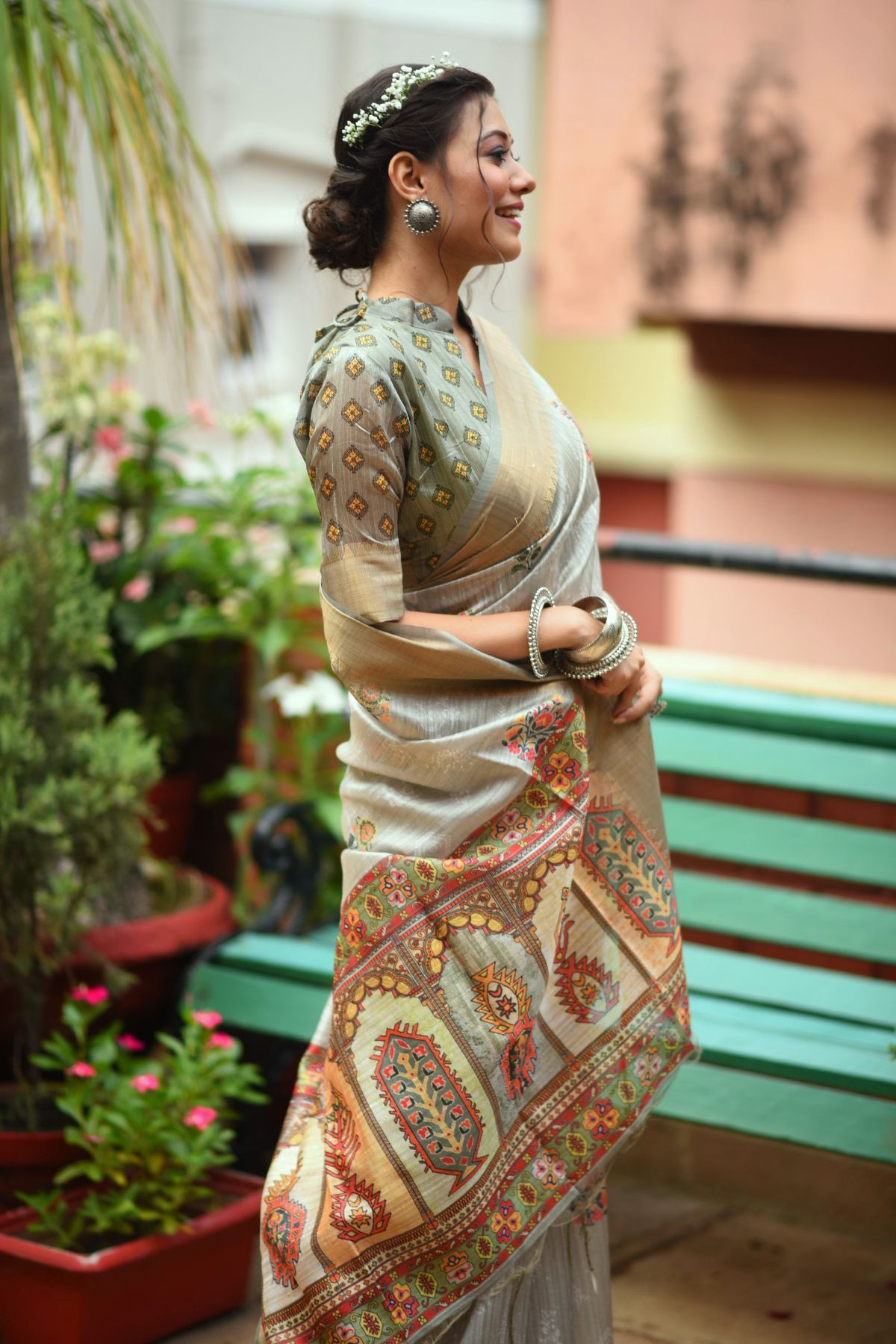 Buy MySilkLove Tallow Grey Printed South Silk Saree Online