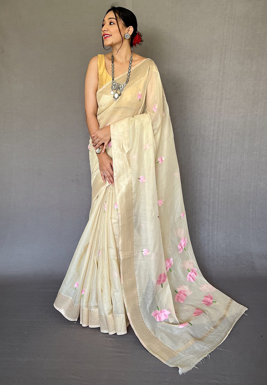 Buy MySilkLove Sapling Cream Cotton Lotus Woven Silk Saree Online