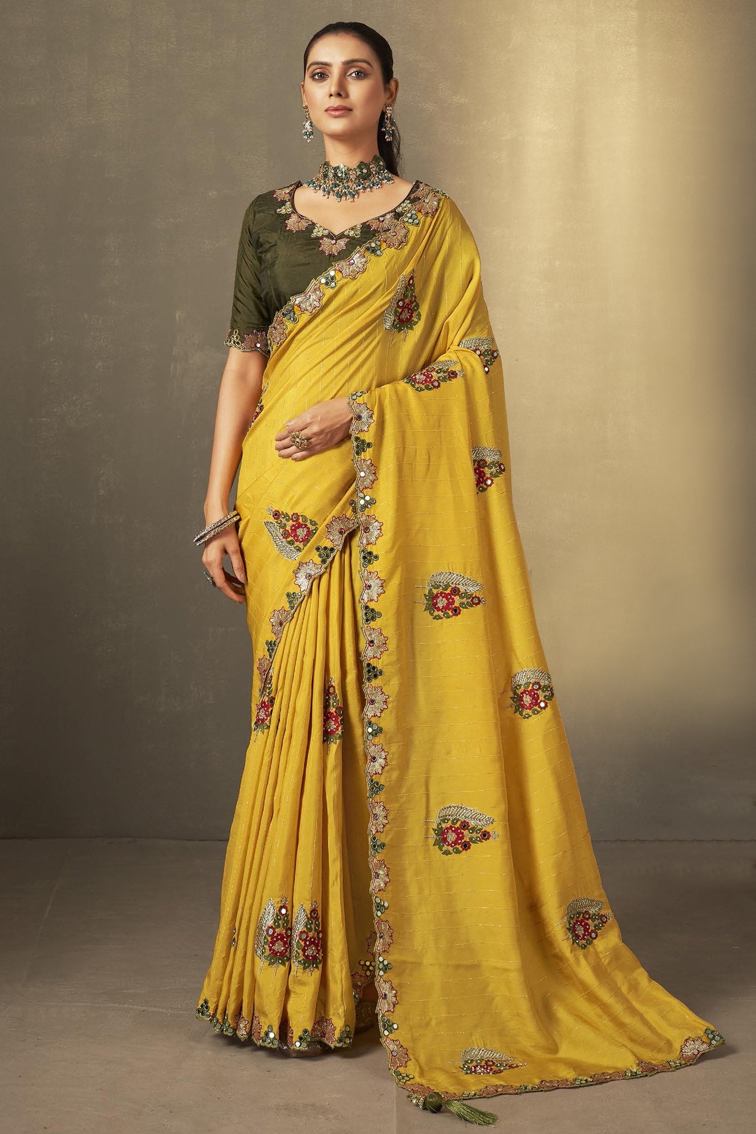 Buy MySilkLove Sunset Pearl Yellow and Green Embroidered Silk Saree with Designer Blouse Online