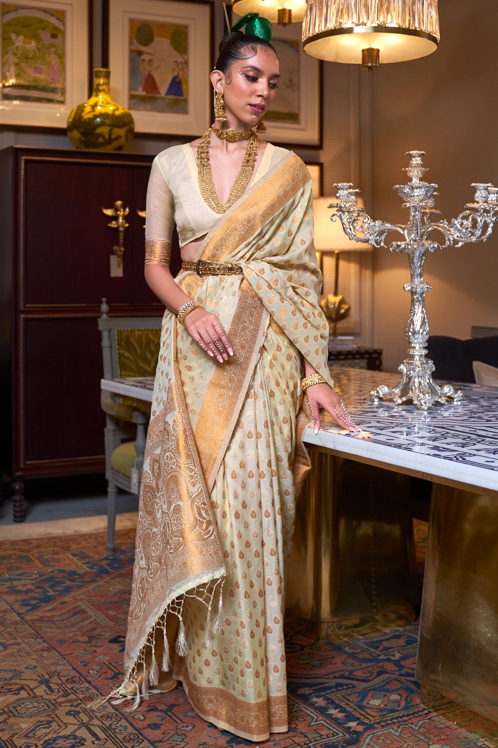 Buy MySilkLove Almond Cream Copper Zari Pure Khadi Banarasi Saree Online