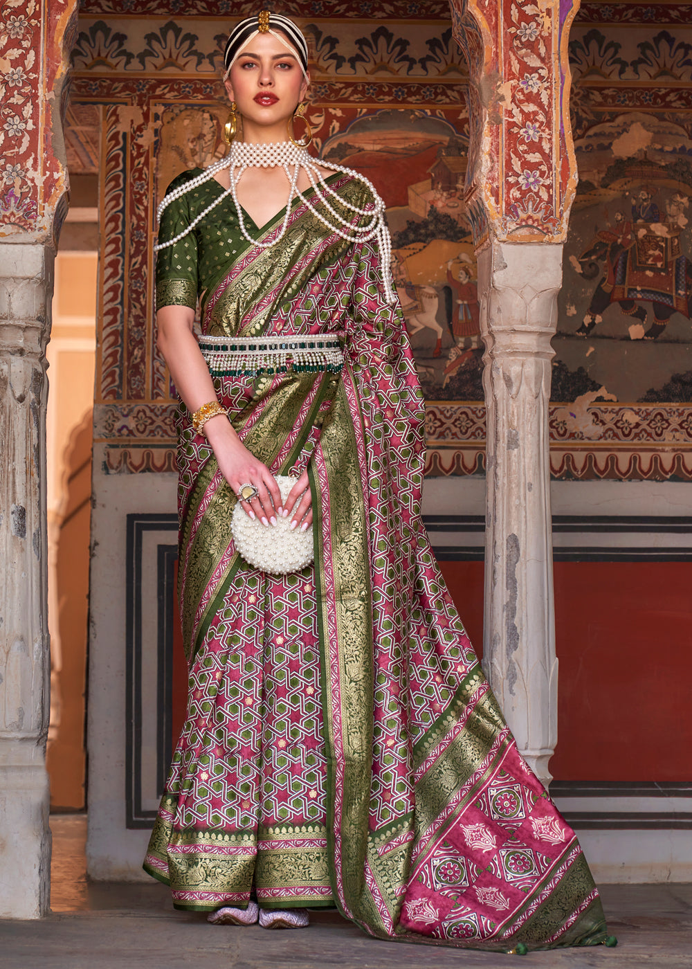 Buy MySilkLove Contessa Pink and Green Printed Patola Soft Silk Saree Online