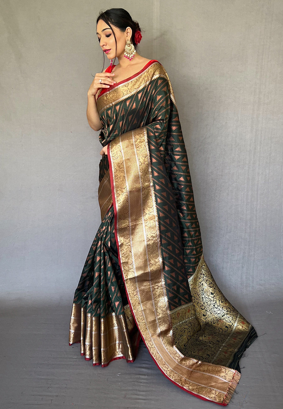 Buy MySilkLove Hemlock Green Banarasi Silk Leheriya Copper Zari Woven Saree Online