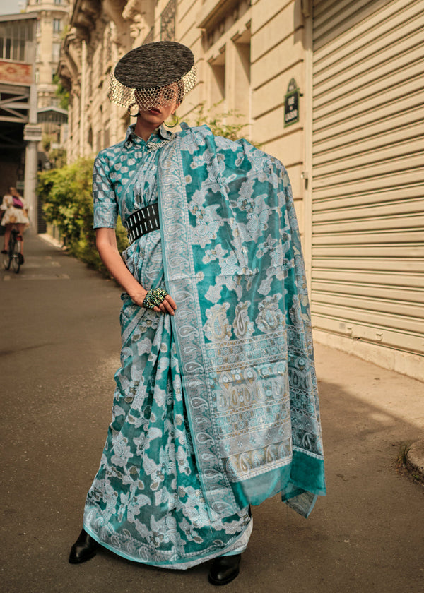 Pewter Blue Woven Lucknowi Chikankari Saree