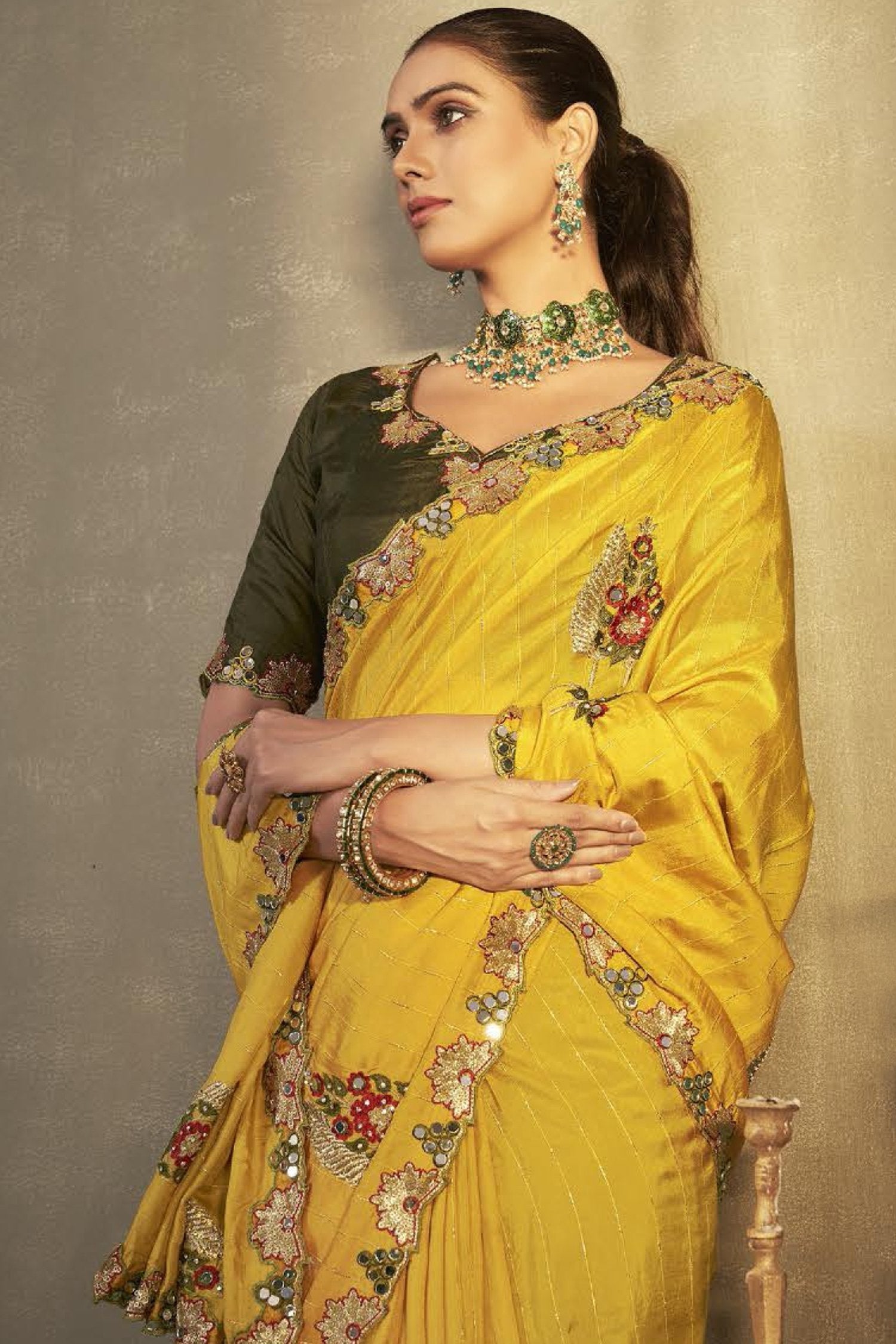 MySilkLove Sunset Pearl Yellow and Green Embroidered Silk Saree with Designer Blouse