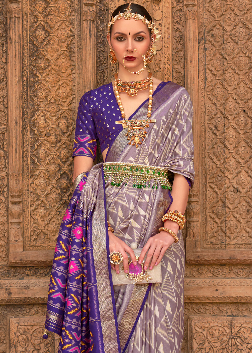 MySilkLove Dust Grey and Purple Woven Patola Silk Saree