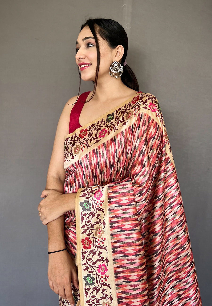 Buy MySilkLove Mauvelous Pink Multicolor Ikat Printed Saree Online