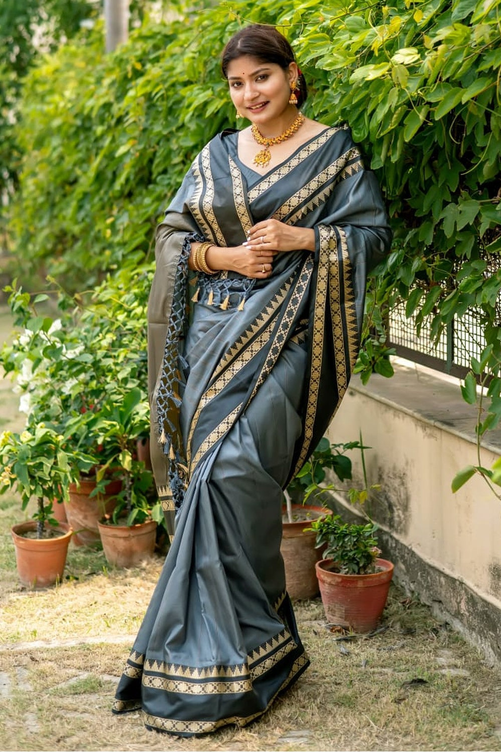 MySilkLove Pale Sky Grey and Black Woven Tussar Silk Saree