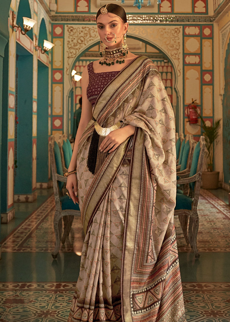 Beige Geometric Print Soft Silk Half And Half Saree – rsbrothersshop