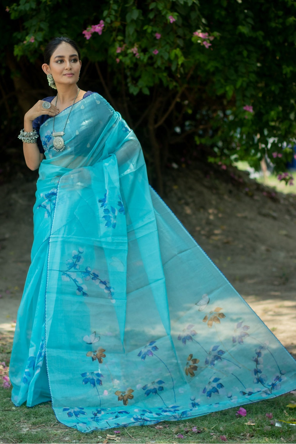 Buy MySilkLove Moonstone Blue Floral Design Organza Printed Saree Online