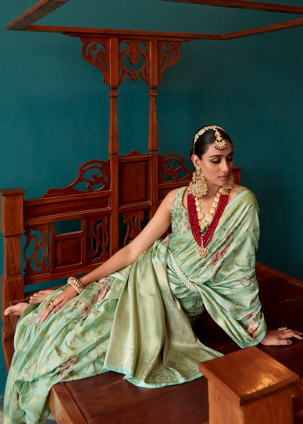 Buy MySilkLove Clay Creek Green Woven Banarasi Floral Printed Silk Saree Online