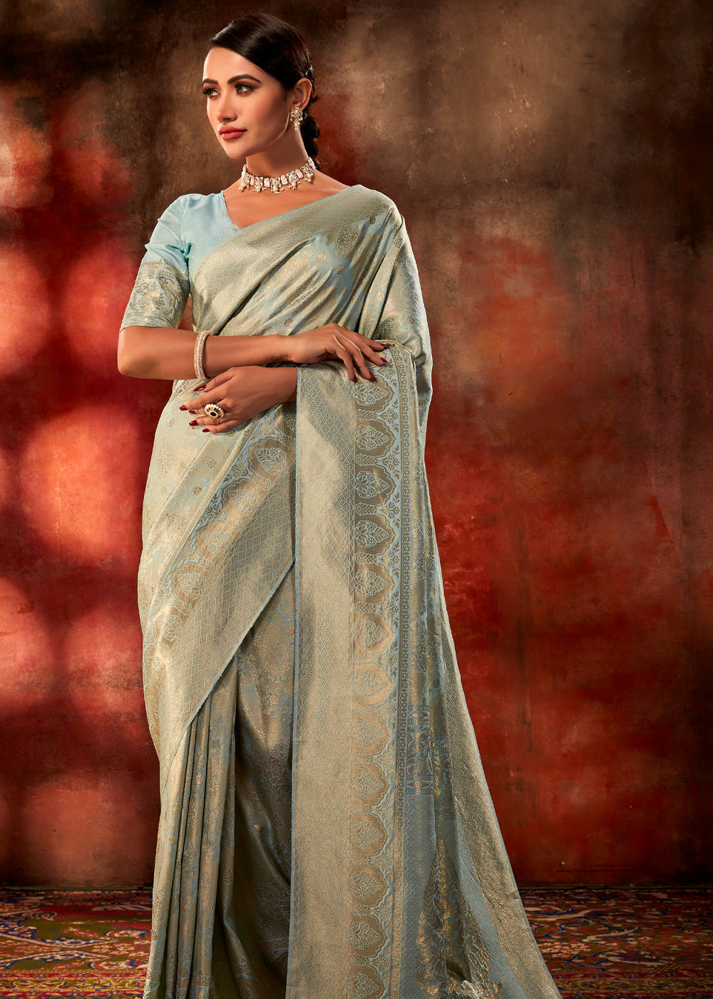 Buy MySilkLove Eagle Blue Woven Kanjivaram Silk Saree Online