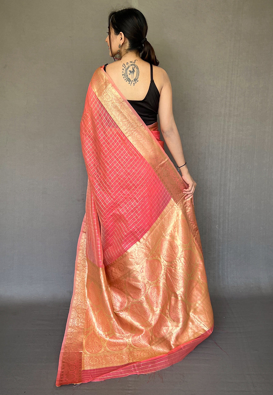 Buy MySilkLove Froly Pink Zari Woven Organza Checks Saree Online