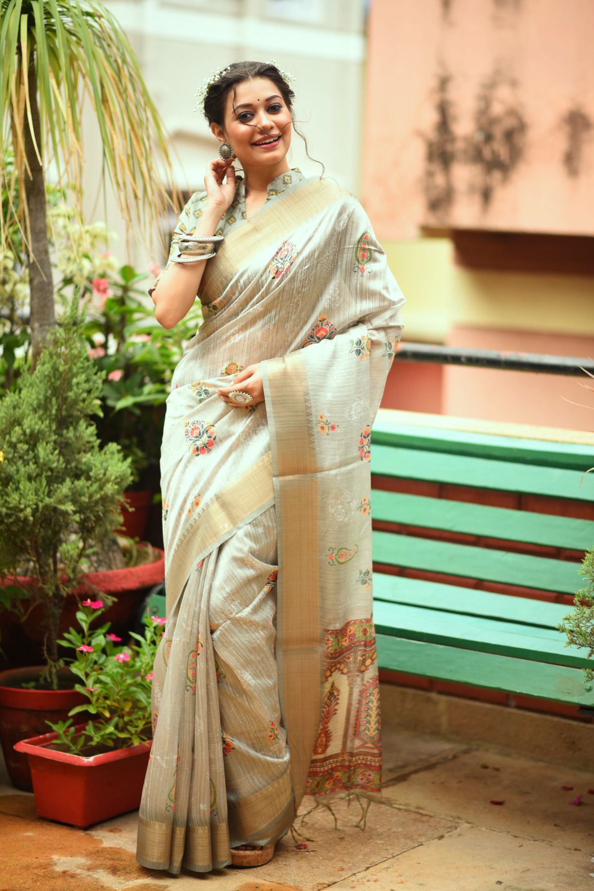 Buy MySilkLove Tallow Grey Printed South Silk Saree Online