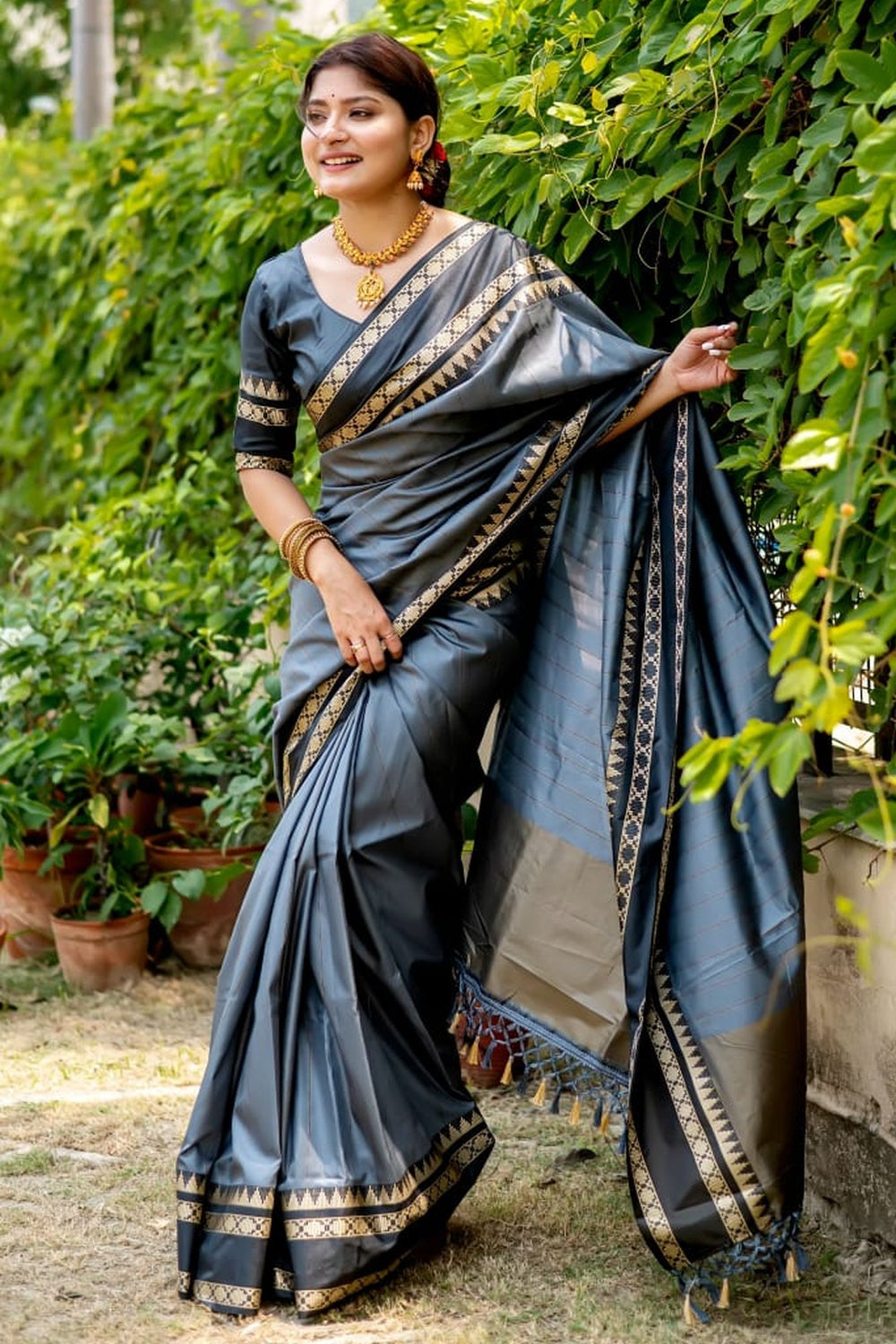 Buy MySilkLove Pale Sky Grey and Black Woven Tussar Silk Saree Online