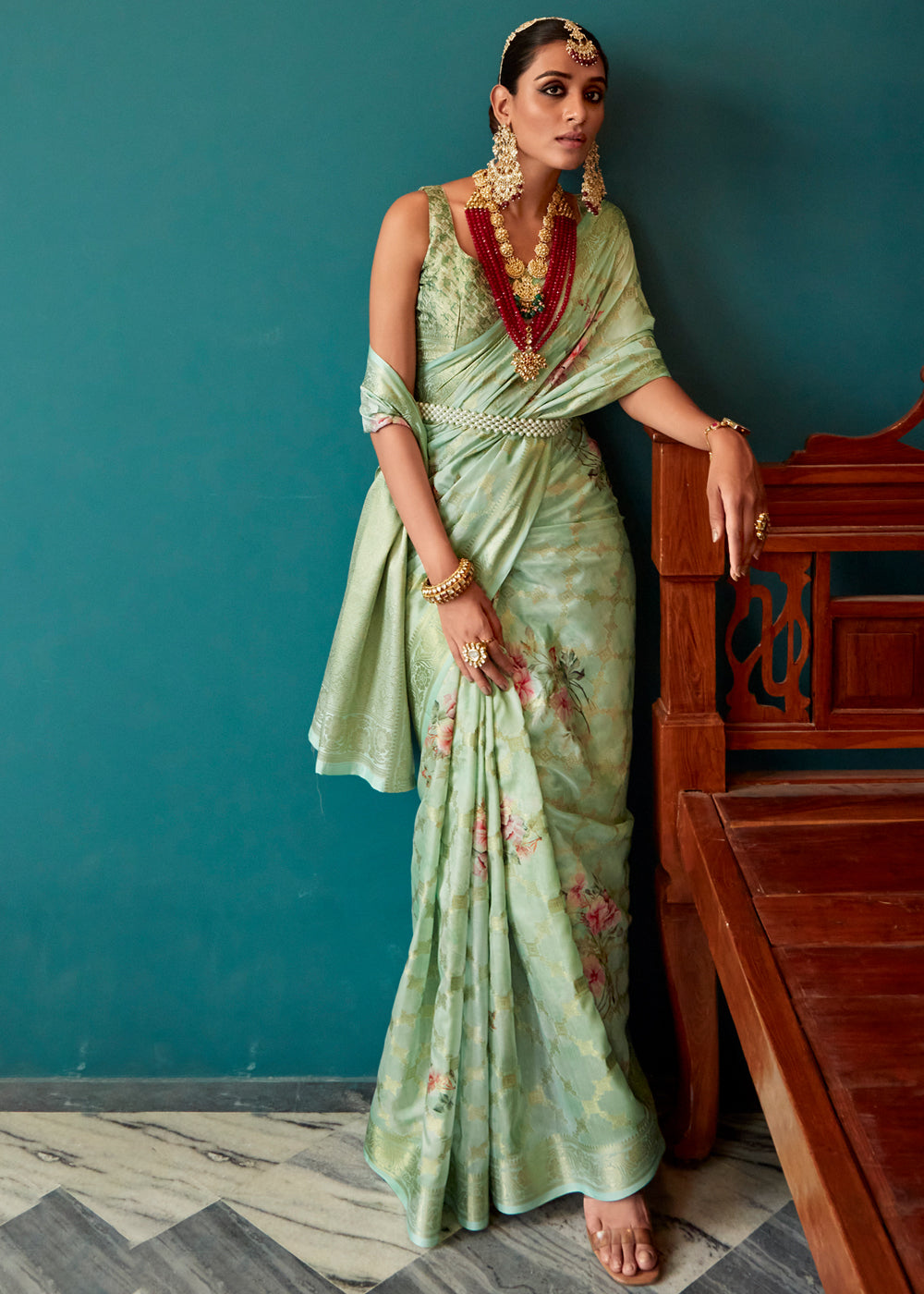 Buy MySilkLove Clay Creek Green Woven Banarasi Floral Printed Silk Saree Online